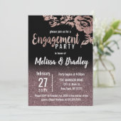 黒のバラの金ゴールドのグリッターの花柄の婚約 招待状 (スタンド正面)