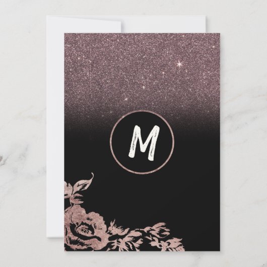 黒のバラの金ゴールドのグリッターの花柄の婚約 招待状 (裏面)