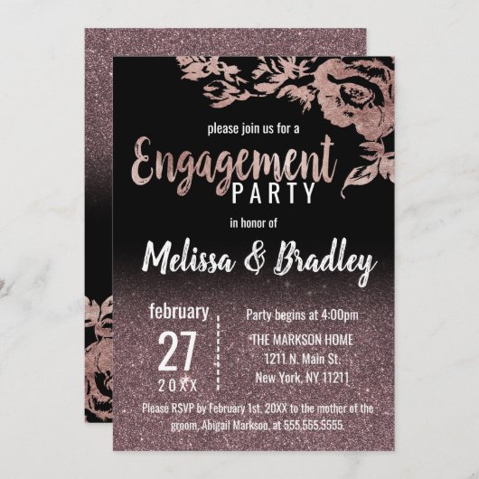黒のバラの金ゴールドのグリッターの花柄の婚約 招待状 (正面/裏面)