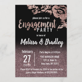 黒のバラの金ゴールドのグリッターの花柄の婚約 招待状