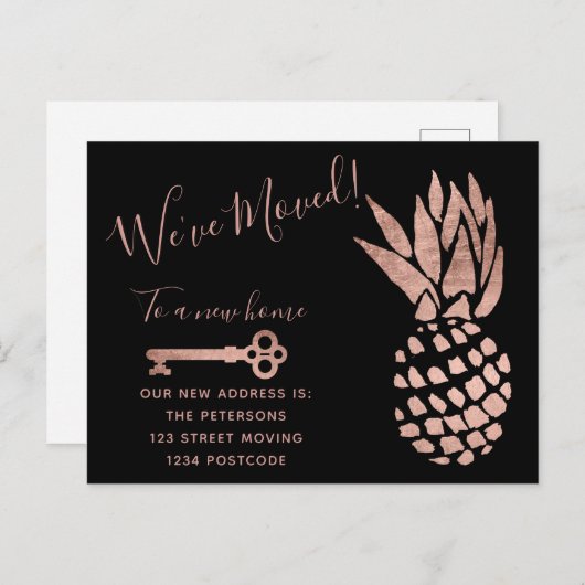 黒のバラの金ゴールドの鍵のパイナップル移動発表 案内ポストカード (正面/裏面)