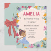 黒のバレリーナプリンセスの花の少女の誕生日 招待状 (正面/裏面)