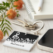 黒のパーソナライズで白く乱雑な音符 キーホルダー (正面右)