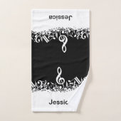 黒のパーソナライズで白く乱雑な音符 バスタオルセット (ハンドタオル)