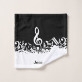 黒のパーソナライズで白く乱雑な音符 バスタオルセット (ウォッシュタオル)