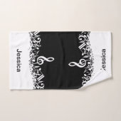 黒のパーソナライズで白く乱雑な音符 バスタオルセット (ハンドタオル)