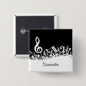 黒のパーソナライズで白く乱雑な音符 缶バッジ (正面&裏面)