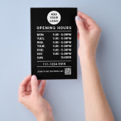 黒のビジネス営業時間ロゴQRコード チラシ (ハンドル)