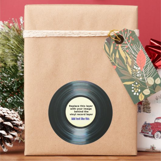 黒のビニール音楽レコードラベルと写真 ラウンドシール (クリスマス)