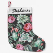 黒のピンクのバラそして水気が多いサボテンパターン スモールクリスマスストッキング (正面)