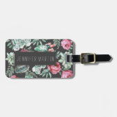 黒のピンクのバラそして水気が多いサボテンパターン ラゲッジタグ (正面横)