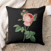 黒のピンクのバラのヴィンテージの植物のイラストレーション クッション (ブランケット)