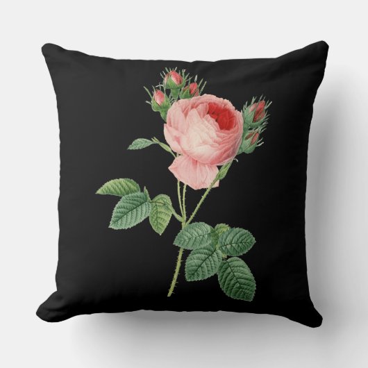 黒のピンクのバラのヴィンテージの植物のイラストレーション クッション (正面)