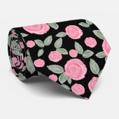 黒のピンクのローズパターン ネクタイ (ロール)