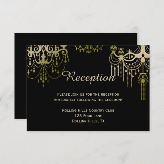 黒のフォーマルな結婚披露宴会場に輝くゴールドのシャンデリア エンクロージャーカード (正面/裏面)