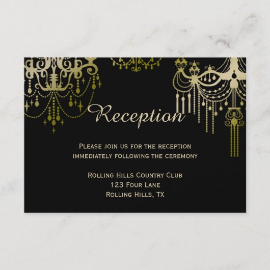 黒のフォーマルな結婚披露宴会場に輝くゴールドのシャンデリア エンクロージャーカード (正面)