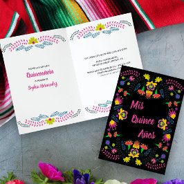 黒のフラワーメキシコのフィエスタパーティーのMis+Quince+Anos 招待状
