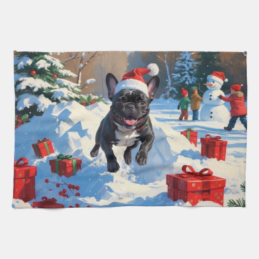 黒のフレンチブルドッグのクリスマス　雪の祭典 キッチンタオル (横)