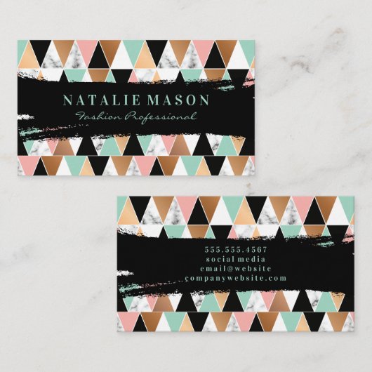 黒のブラシストローク |大理石のカラーウェイ三角形 名刺 (正面/裏面)