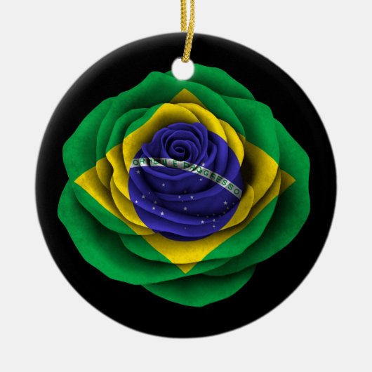 黒のブラジル人のばら色の旗 セラミックオーナメント (正面)