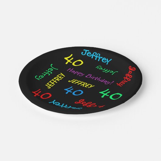 黒のプレート、40歳の誕生日パーティー、名前の繰り返し ペーパープレート (アングル)