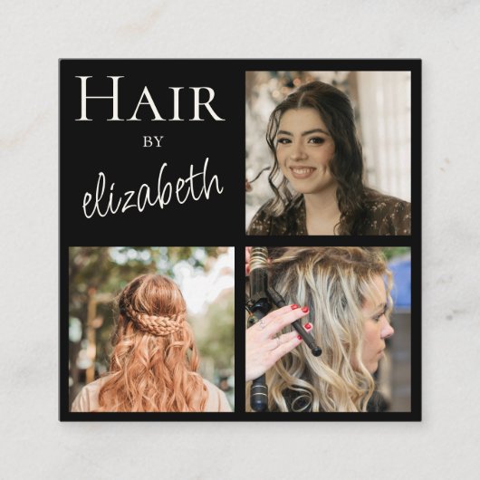 黒のヘアサロン・スタイリスト台本3枚写真 スクエア名刺 (正面)
