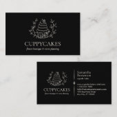 黒のミニマリスト フラワー ベーカリー スイート ストロベリー カップケーキ 名刺 (正面/裏面)