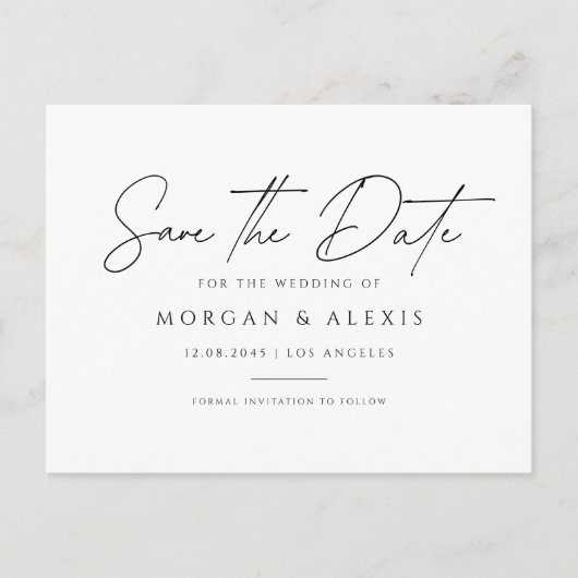 黒のミニマルな手書きスクリプト日付を保存 ポストカード (正面)