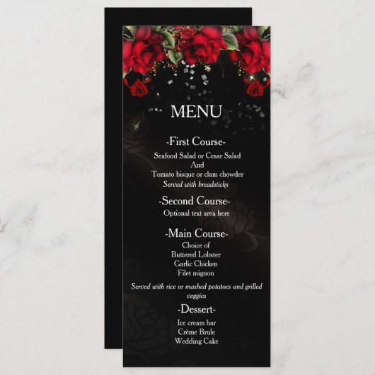 黒のメニューカー結婚ドに赤いバラ メニュー (正面/裏面)