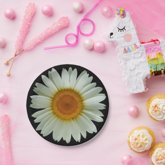 黒のモダンで白いデイジー ペーパープレート (パーティー)