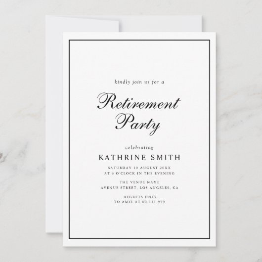 黒のモダンスクリプトレタリング退職パーティー 招待状 (正面)