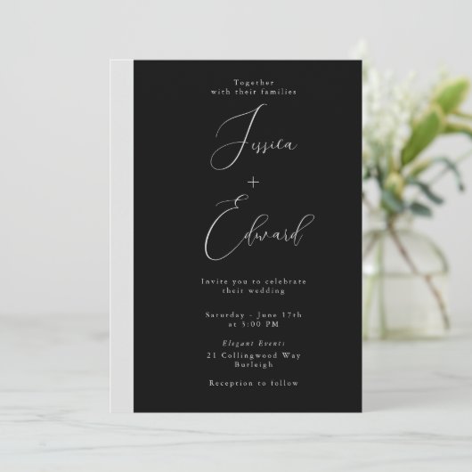 黒のモダンスクリプト結婚式招待状 招待状 (スタンド正面)