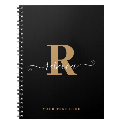 黒のモダン金ゴールドモノグラムの手書きスクリプト名 ノートブック (正面)