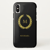 黒のモノグラムが付いているフェイクな金ゴールドの月桂樹のリース Case-Mate iPhoneケース (裏面)