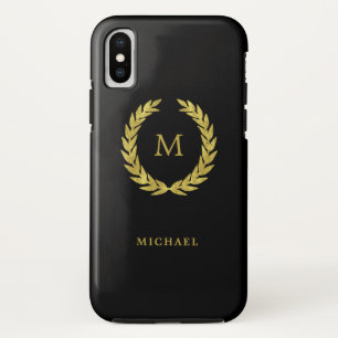 黒のモノグラムが付いているフェイクな金ゴールドの月桂樹のリース iPhone X ケース