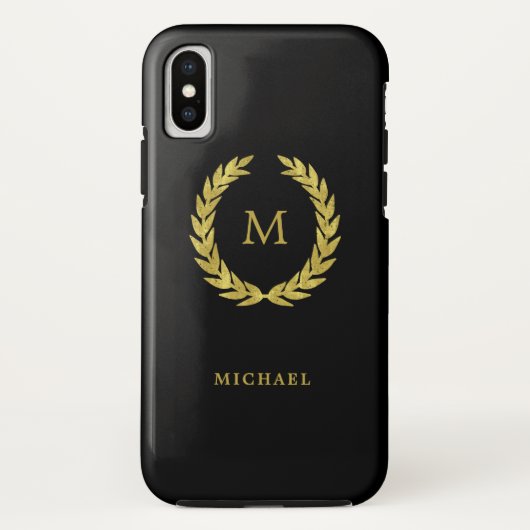 黒のモノグラムが付いているフェイクな金ゴールドの月桂樹のリース Case-Mate iPhoneケース (裏面)