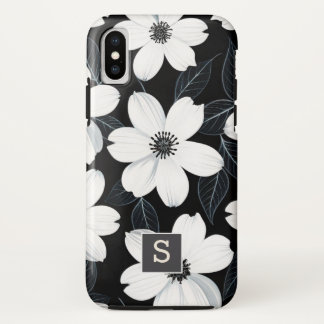 黒のモノグラムに白い花 エレガント iPhone X ケース