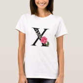 黒のモノグラムイニシャルXとピンクのバラ Tシャツ (正面)