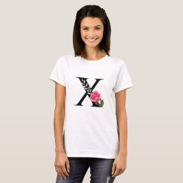 黒のモノグラムイニシャルXとピンクのバラ Tシャツ
