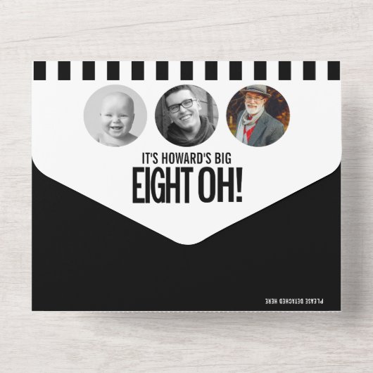 黒のモノラル写真円ストライプ80番目の誕生日 オールインワン招待状 (裏面)