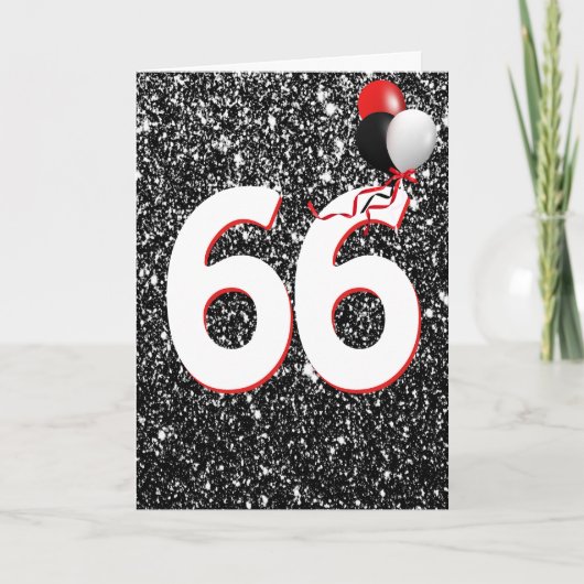 黒のラメ地のカードに66歳の誕生日の風船 カード (正面)