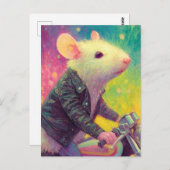 黒のレザージャケットで愛らしい白いマウス ポストカード (正面/裏面)