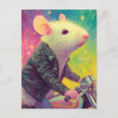 黒のレザージャケットで愛らしい白いマウス ポストカード (正面)