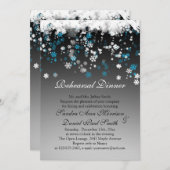 黒のレハーサルディナーでの白と青の雪の結晶 招待状 (正面/裏面)