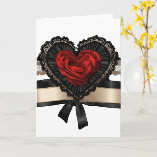 黒のレース 赤いリボン バレンタインデーのハートカード カード (黄色い花)