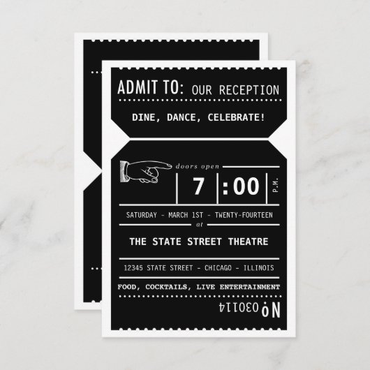 黒のヴィンテージの劇場チケットの披露宴の挿入物 エンクロージャーカード (正面/裏面)