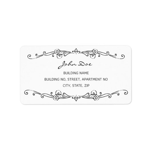 黒のヴィンテージオーナメントの渦巻きフレームアド縁どレス ラベル (正面)