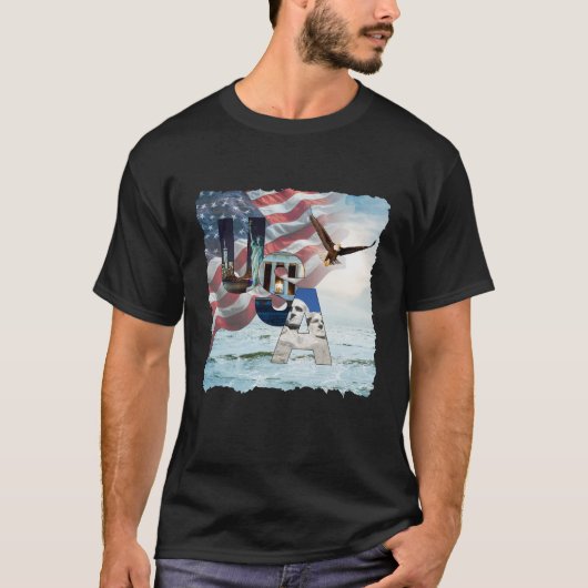黒の七月四日アメリカ国旗と鷲のUSAメンズTシャツ Tシャツ (正面)