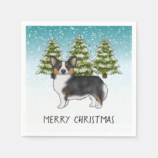 黒の三色のペンブロークコーギドウインターンクリスマス スタンダードカクテルナプキン (正面)