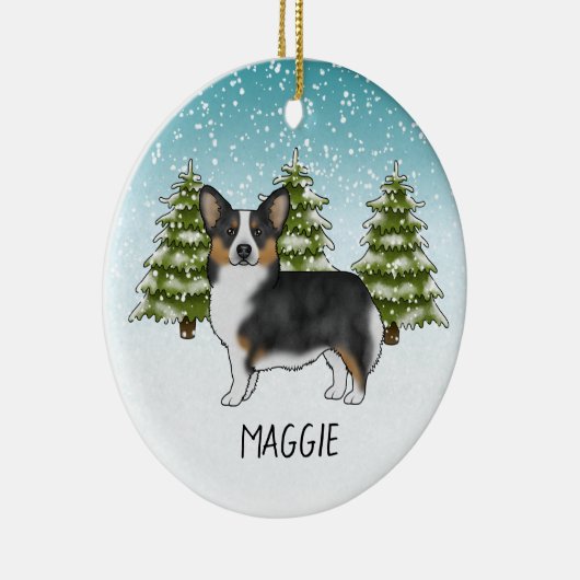 黒の三色のペンブロークコーギドウインターンクリスマス セラミックオーナメント (右)